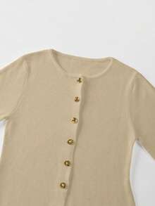 FOR BEAUTY 女士新款针织开衫，适合春、秋、冬三季穿着，休闲优雅简约风格，圆领长袖配金属纽扣，时尚通勤纯色毛衣 - 深杏 - 查看 6