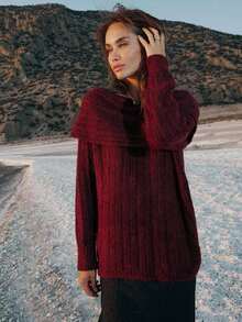 Einfarbiges, lässiges, geripptes Rundhalsausschnitt, elegantes Langarmkleid - Bordeaux - Übersicht 3