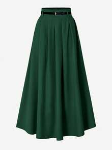 女士高腰褶裥印花半身裙，配装饰腰带，春季款 - 墨綠色 - 查看 4