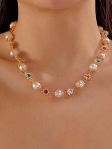 1PC Hot-Selling Pearl, Colored Diamond And Flower Necklace: A Niche, Fashionable And Versatile Necklace