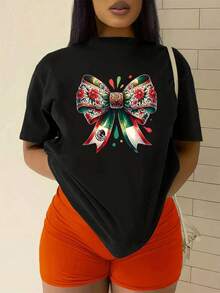 Elegante camiseta de mujer con estampado de lazo floral vibrante, camiseta informal de manga corta con cuello redondo, top de verano elegante y cómodo para mujer, perfecto para uso diario, diseño gráfico de moda. - Negro - Ver 2
