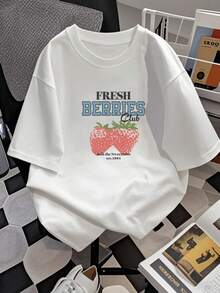 Camiseta gráfica para mujer Fresh Berry Club Estampado de fresas dulces Camiseta informal Cómoda mezcla de algodón perfecta para el verano Estilo retro ¡Únete a la dulzura desde 1984! De gran tamaño - Blanco - Ver 2