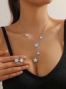 5pcs/Set 3pcs/Set Crystal Clover Pendant Necklace & Double-Sided Ring Jewelry Set, Suitable For Women's Daily Wear - Silver - View 2
