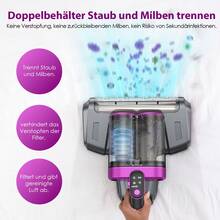 Glitzerlife USB-Aufladung Handheld drahtloser Entfernung von Milben UV-C-Licht und Ultraschall Sterilisierung Tiefenreinigung 99.9% Partikel 80000rpm Schlag maximale Laufzeit 35 Minuten 6-stufiges Filtersystem Doppelbehälter Staub und Milben trennen mit starker Saugfähigkeit 18kpa drahtloser Entfernung von Milben für Bett Sofa Teppich Decken