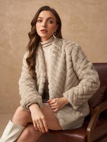 Women's Solid Apricot V-Neck Long Sleeve Faux Fur Geometric Pattern Elegant Fuzzy Jacket, Suitable For Daily, Commute, Business, Casual Wear