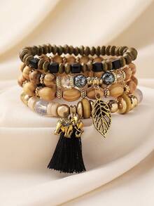 4 件套波西米亚复古串珠叶流苏吊坠多层手链，适合女士休闲、沙滩、度假穿着 - 彩色 - 查看 3