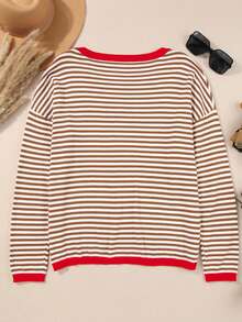 Acelitt Winter Halloween Color Blocking Striped Loose Off Shoulder Casual Round Neck Long Sleeved Sweater