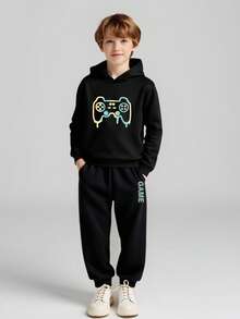 2 pièces Set de sweat-shirt à capuche et pantalon de survêtement imprimé graphique de jeux vidéo pour jeunes garçons - Noir - Voir 3