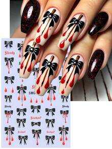 Miếng dán móng tay 5D hình nơ đen và mạng nhện 2 chiếc họa tiết giọt máu Halloween, thiết kế phong cách tối giản thanh lịch tự làm Y2K, thời trang thu đông, làm móng, miếng dán trang trí móng tay, phụ kiện làm móng - Nhiều màu - Xem 6