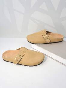 1 Pair Teens' Metal Buckle Decor Plush Material Comfortable Casual Square Toe Flat Slip-On Slippers, Soft Thick Sole, Suitable For Daily Indoor/Outdoor Wear