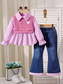 2pcs Young Girls Casual 2 In 1 Collared Top + Flared Denim Jeans Set