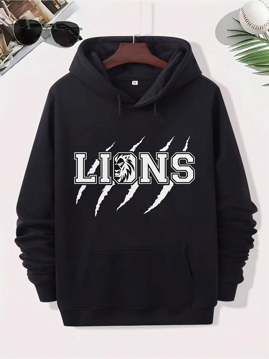 Diseño de León-Detroit-Fútbol Estilo de Moda Callejera Sudadera Casual de Amor para Parejas Sudadera de Hombre Cómoda de Algodón Cuello Redondo Manga Larga - Negro - Ver 1