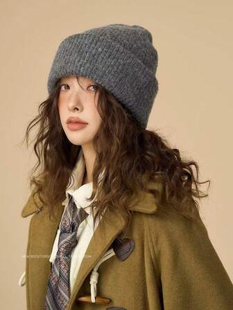 1 Stück Damen einfarbige gestrickte Mütze, modische Slouch-Beanie-Mütze für Herbst und Winter, weich und warm aus Kaninchenhaar, große Kopfumfang Beanie für Outdoor-Reisen und Winter Frauen