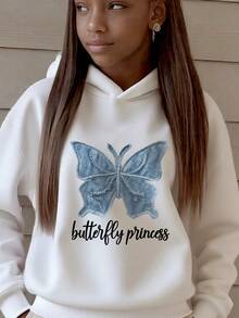 1pc Tween Girl Casual Printed Pullover Hoodie Sweatshirt, Thermal Lined, Long Sleeve, Autumn/Winter