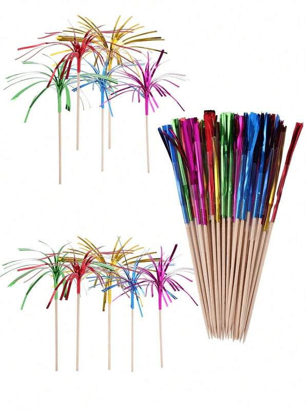 50/100pcs Palm Tree Bamboo Skewers, 6 Colors Metallic Cocktail Sticks Foil Cocktail Decorations, Suitable For Birthday, Wedding, Christmas Party, Cupcakes, Fruit Drinks