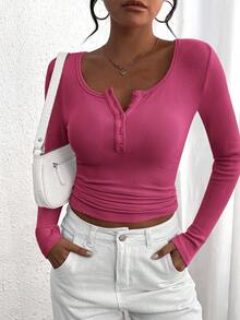 Women's Autumn Long-Sleeved Henry Shirt T-Shirt Button Ribbed Knit Fashion Tight Basic Top Shirt - Màu Hồng Tươi - Xem 4