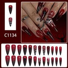 Long Almond Nails Halloween Press On Nails Extra Long Fake Nails Dark Red Press Ons Glossy False Nails Cover Stick On Nails For Women Halloween Nail 24Pcs,17114485 - 綠色 - 查看 2