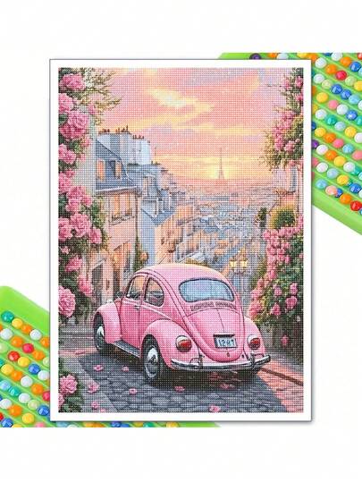 5d Diy French City Scenery Pink Car Full Round Diamond Painting Kit Mosaic Portrait Art Full Drill Diamonds Embroidery Craft,Living-Room Decor,Frameless