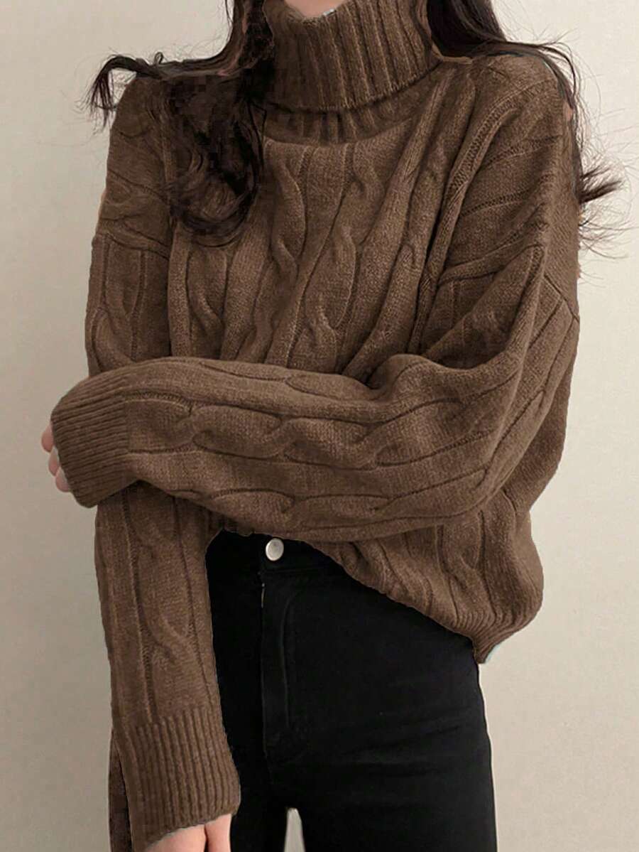 Sweater Leher Tinggi untuk Wanita, Model Pendek Longgar, Lengan Panjang Rajutan Kabel, Musim Gugur/Musim Dingin - Coffee Brown - View 1