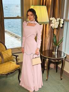 2pcs Set: Elegant Solid Color Square Neck Puff Sleeve Maxi Dress + 1 Scarf, Suitable For Wedding Banquet, All Seasons