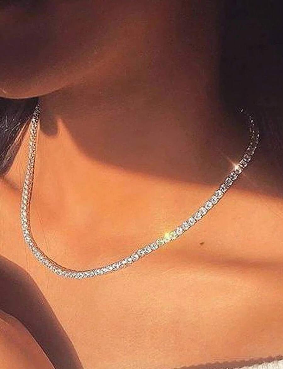 Women Full Diamond Tennis Necklace Light Luxury Paved Diamonds Chain High End Silver Jewelry Iced Sugar Collarbone Unisex Cuban Hip Hop Style - Bạc - Xem 1