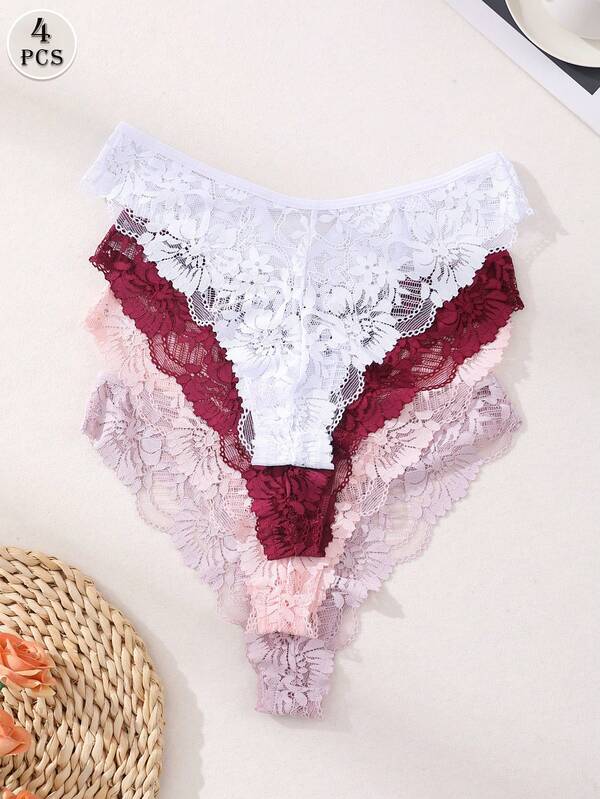 4er-Pack sexy, tief sitzende, nahtlose G-String-Tangas mit Blumenspitze | Weiche, bequeme und atmungsaktive Unterwäsche für Yoga, Hipster-Höschen für den Alltag, Cut-Out