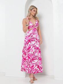 Dress With Elastane At The Back, You Can Tie It At The Back With A Print - 粉色 - 查看 4