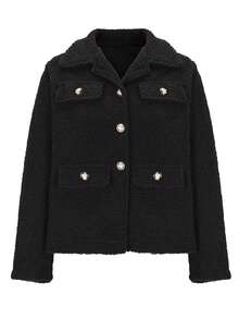 Women's Fashionable Lapel Collar Short Lamb Wool Cardigan Jacket, Fitted Silhouette, Long Sleeve, Winter - Black - View 4