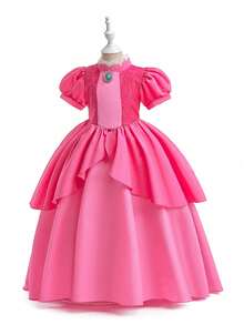 小女孩节日派对公主裙，适合万圣节、圣诞节、生日、节日庆典、晚宴、舞台表演的正式礼服，泡泡袖 - 玫紅色 - 查看 4