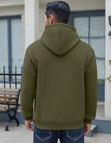 Men Cotton Fleece Hooded Sweatshirt Casual Long Sleeve Hoodies Pullover Fashion Drawstring Hoodie With Kanga Pocket - 軍綠色 - 查看 5