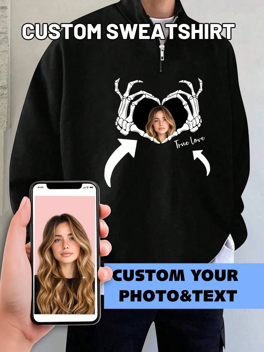 Sweat-shirt-shirt personnalisé pour hommes grande taille avec photo et texte, imprimé crâne et paume, pull personnalisé, cadeau de couple pour l'automne/l'hiver ou anniversaire, Top à manches longues - Noir - Voir 1