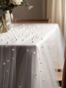 1 Stück weißer Perlen-Tüll-Tischläufer, Polyesterstoff, für Hochzeitsfeier, Bridal-Shower, Dessert-Tisch-Dekoration, Hintergrundvorhänge, Stuhlschleifen-Dekoration