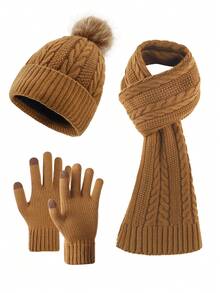 3pcs Women Fashion Solid & Striped Knitted Jacquard Beanie, Scarf And Gloves Set, Warm And Soft For Autumn/Winter Outdoor, Casual, Travel Fall Valentines Gift - Multicolor - View 5