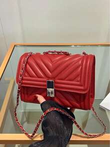 Fashion Solid Color Quilted Square Chain Shoulder Bag, Multifunctional Evening Clutch, Lightweight New Handbag & Wallet, Suitable For Daily Commute Crossbody, Ideal Choice For Office Workers, Casual Coin Purse - Red - View 2