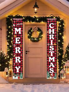 2pcs/Set Christmas Decoration Door Couplets, Red Black Plaid Santa Claus Snowman Pattern Door Banners, Merry Christmas Party Decoration Background Cloth, Christmas Indoor/Outdoor Porch Wall Decoration Hanging Flags, Christmas Entrance Door Front Door Decoration, Christmas Courtyard Garden Decoration