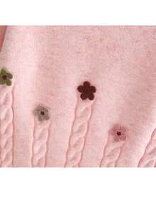 Young Girl Floral Knitted Sweater, Thick & Warm Round Neck Pullover Top, Autumn/Winter