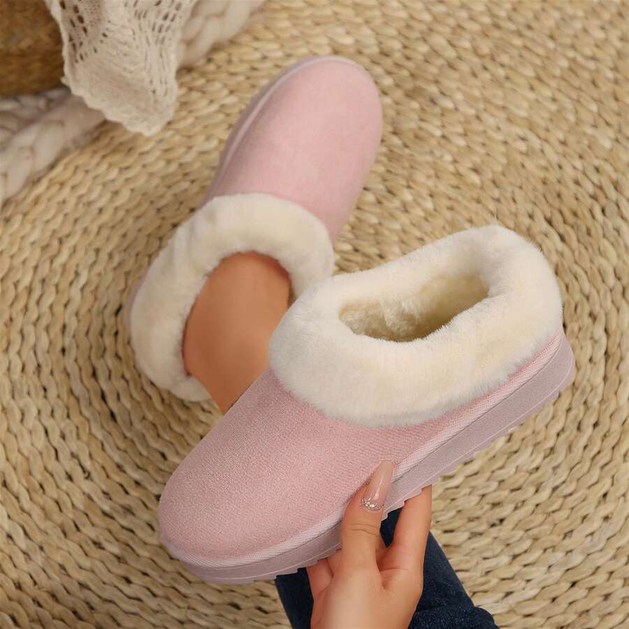 Women's Soft Comfortable Snow Boots Velvet Fur Side Flat Shoes Indoor Outdoor Winter Slippers Cotton Shoes - 粉色 - 查看 1