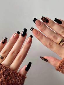 24pcs Fall Nails Medium Coffin Shape Acrylic Press On Nails With Brown Leopard Print And Black French Tip Design False Nails Simple And Elegant Style Fake Nails Perfect For Women And Girls Daily Use Nail Supplies