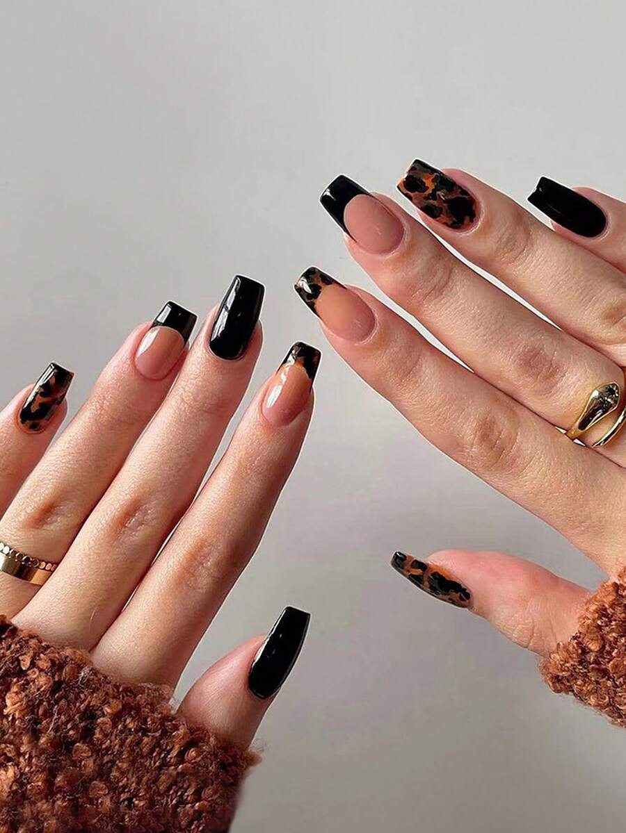 24pcs Fall Nails Medium Coffin Shape Acrylic Press On Nails With Brown Leopard Print And Black French Tip Design False Nails Simple And Elegant Style Fake Nails Perfect For Women And Girls Daily Use Nail Supplies