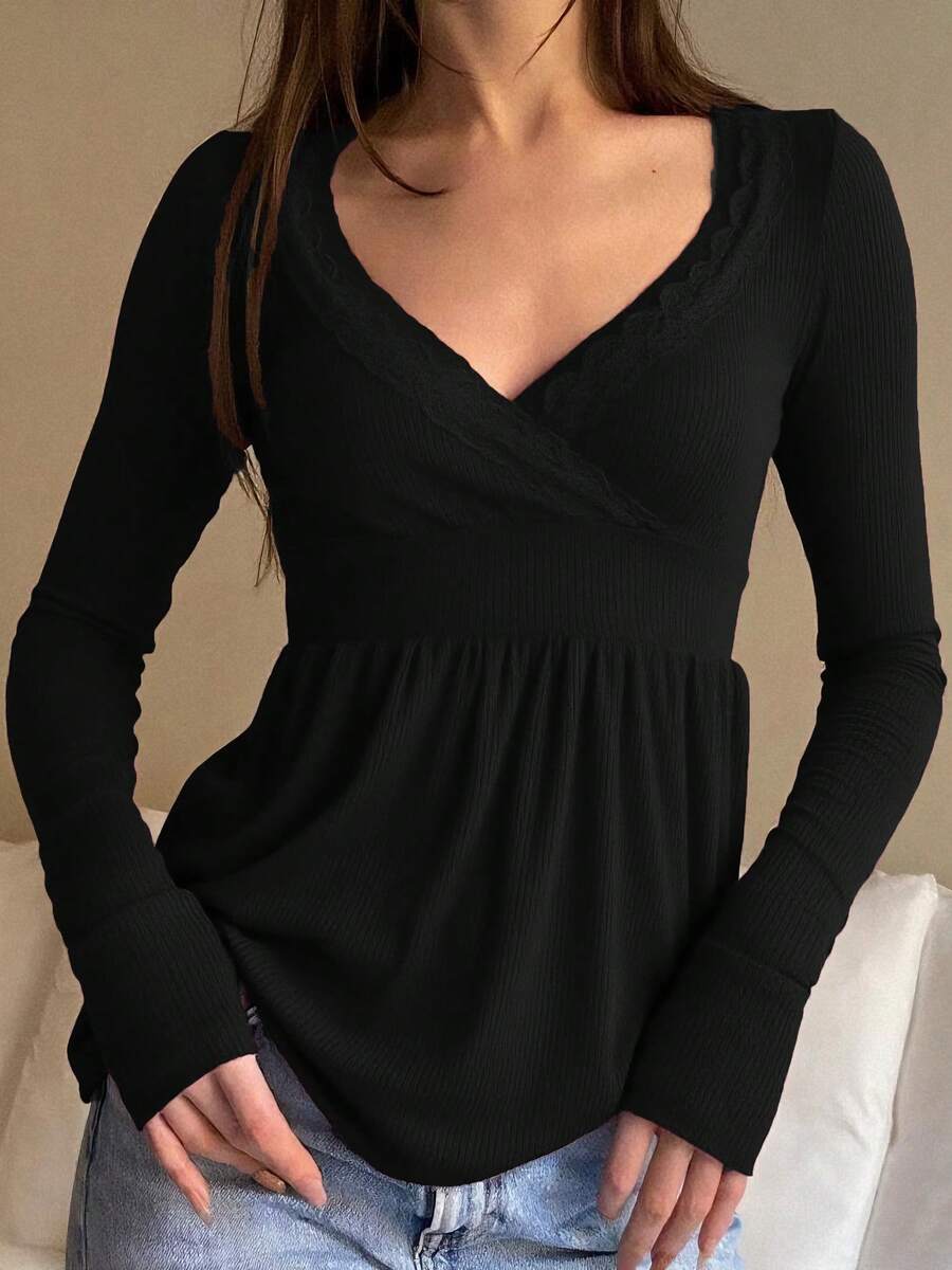 Awevudst Womens Rib Knitted Lace Trim Wrap V Neck Long Sleeve Peplum Tops Slim Fit Fairycore T-Shirts Harajuku Vintage Clothes Y2K Streetwear Blouse Tee Tops Casual Going Out Tops - 黑色 - 查看 1