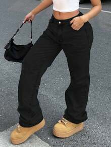 Medium Waist Women's Wide Leg Jeans In Plus Size, Straight Leg Shape, Loose Elastic, Comfortable, Classic And Casual With Pockets(The Size Is Too Large, It Is Recommended To Take A Smaller Size) - màu đen - Xem 3