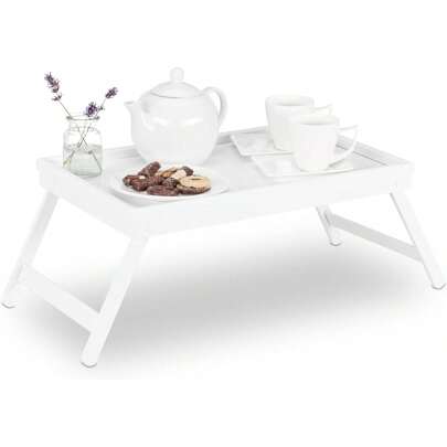 Bamboo Bed Tray, Folding Legs, Raised Edge, For Breakfast In Bed And Serving, HWD: 22x64x31cm, White