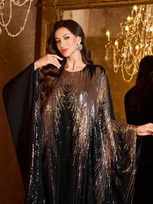 UNITHORSE [Random Cut] Round Neck Batwing Sleeve Ombre Sequin Patchwork Evening Gown, Arabic Style Dress - Black - View 6