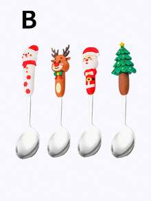 1 set de vaisselle pour fête de Noël, set de cuillère et fourchette en acier inoxydable avec personnages de Noël, 4 pièces de cuillère et fourchette à fruits en acier inoxydable créatives