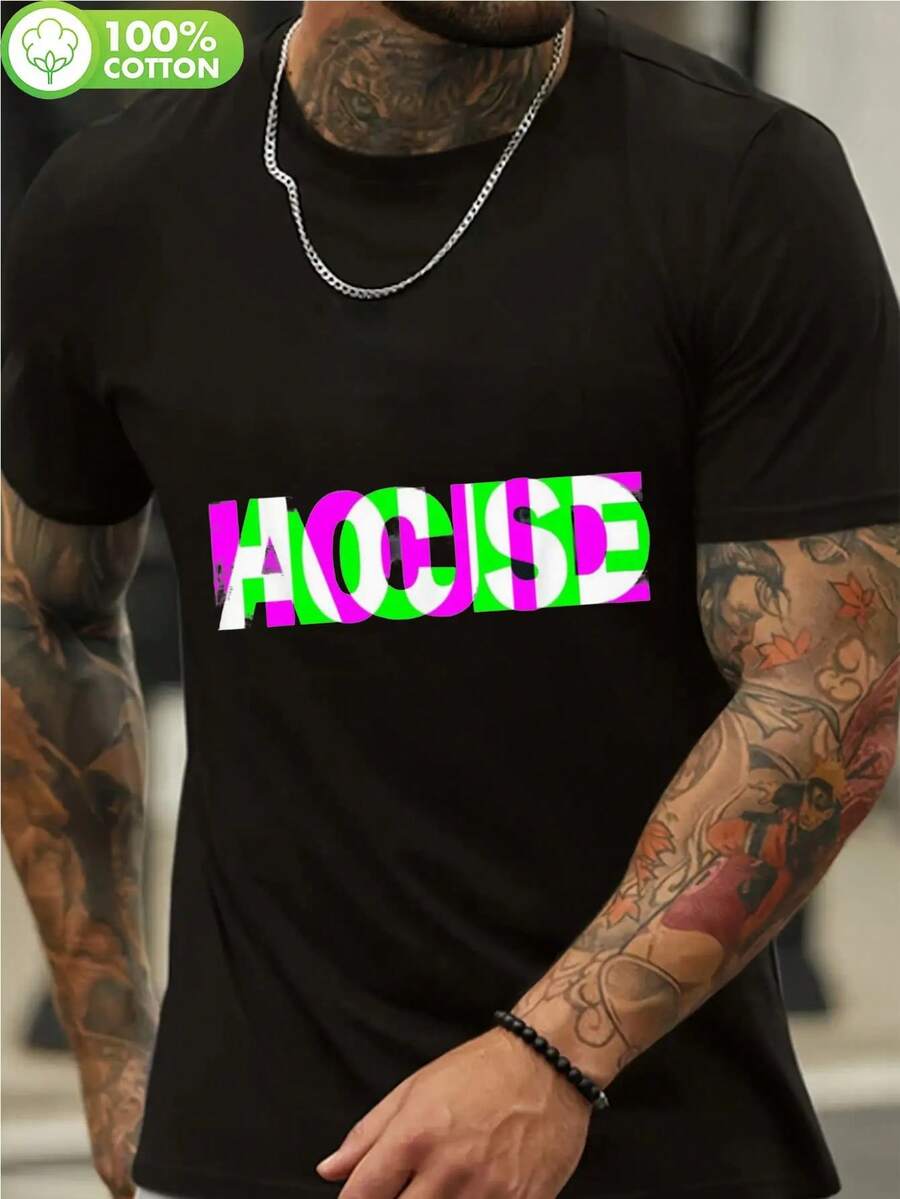 LocalMen's House Techno Raver DJ Graphic-Shirt - Men's Loose Fit Black Tee With Bold NEON GREEN & PINK HOUSE Letters, Clubwear Shirt Raves, Festivals, Gym, Concerts - Washable Cotton Top Parties & Everyday Streetwear, Festival Outfit, Modern Look, Durable Material, Statement Piece, Rave Outfits - Black - View 1