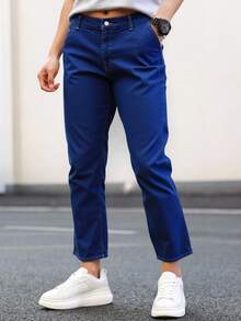 JEANS CABALLERO PLUS 5 BOLSAS CORTE RECTO  AZUL MEDIO OSCURO TELA RIGIDA 100% ALGODON - Azul lavado oscuro - Ver 1