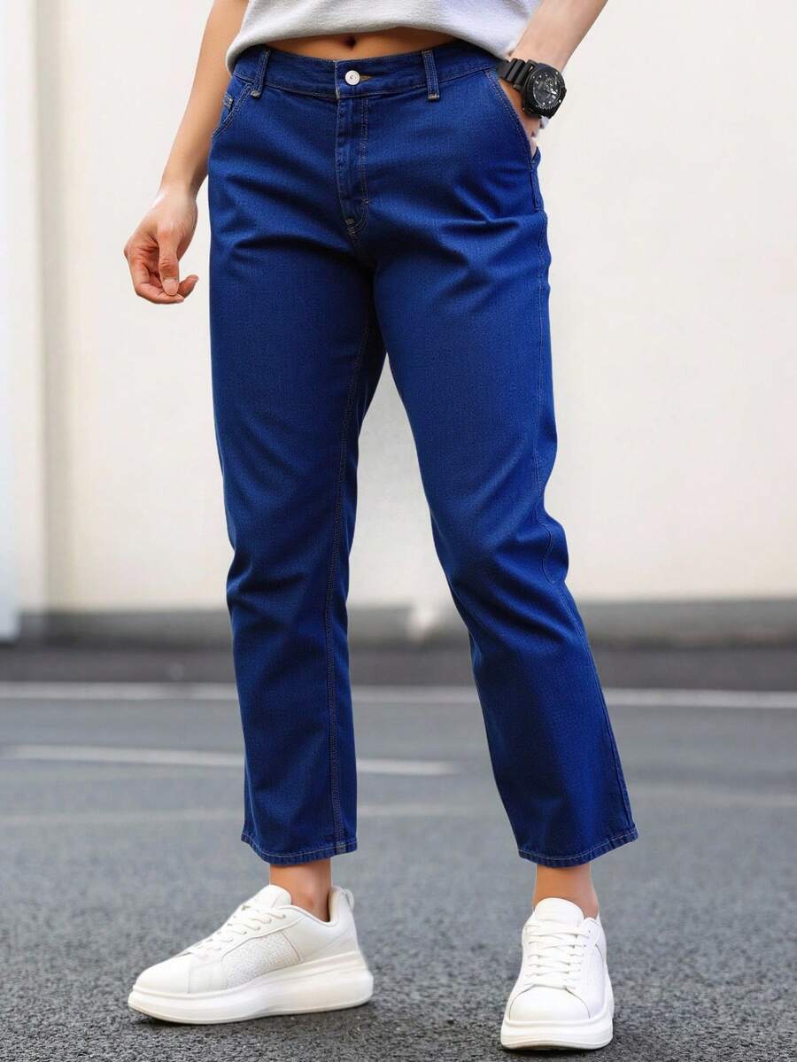 JEANS CABALLERO PLUS 5 BOLSAS CORTE RECTO  AZUL MEDIO OSCURO TELA RIGIDA 100% ALGODON - Azul lavado oscuro - Ver 1