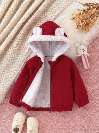 Babyflickor, avslappnad söt manchester i kompositplyschtyg med 3D-örondekor, dragkedja, helt öppen fleece, förtjockad huva, långärmad jacka, höst/vinter