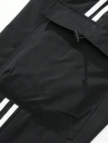 男士黑色条纹阔腿工装裤，拼接宽松直筒休闲运动裤，春秋