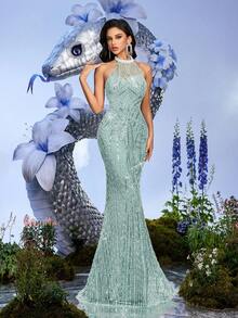 Đầm dạ hội mùa hè thanh lịch kiểu nữ thần LUVISTRUE, đầm dự tiệc trang trọng dành cho nữ, đầm sinh nhật, phù hợp cho các buổi tiệc trang trọng, lễ tốt nghiệp, tiệc cocktail, đầm màu sâm panh hở lưng thắt nơ. - Màu xanh bạc hà - Xem 6